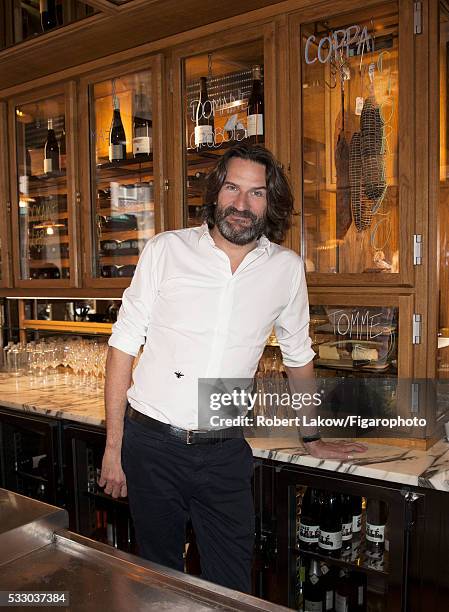 Writer and TV presenter Frederic Beigbeder is photographed for Madame Figaro on April 29, 2016 at Le Freddy's Bar in Paris, France. PUBLISHED IMAGE....