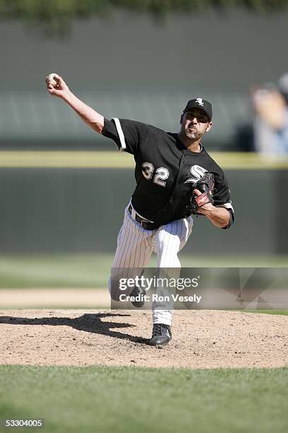 Dustin Hermanson of the Chicago White Sox delivers a pitch during the game against the Oakland Athletics at U.S. Cellular Field on July 10, 2005 in...