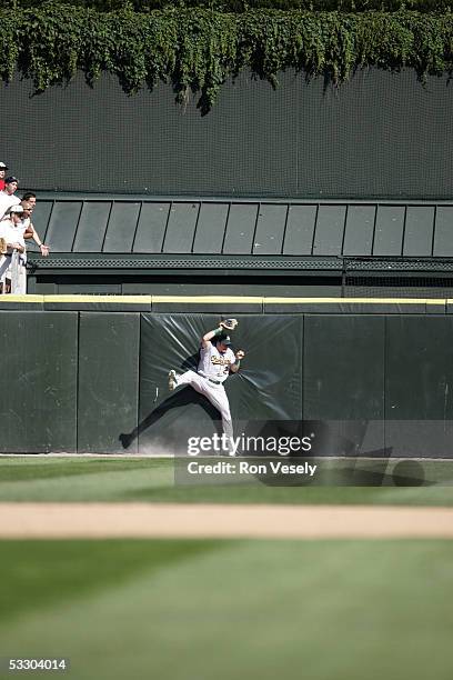 Mark Kotsay of the Oakland Athletics makes a great catch and crashes into the wall during the game against the Chicago White Sox at U.S. Cellular...