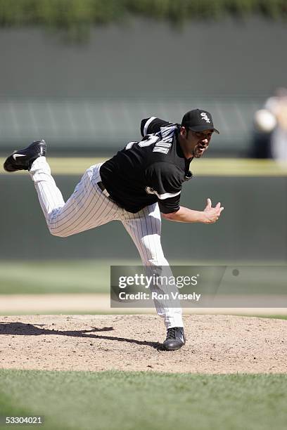 Dustin Hermanson of the Chicago White Sox delivers a pitch during the game against the Oakland Athletics at U.S. Cellular Field on July 10, 2005 in...