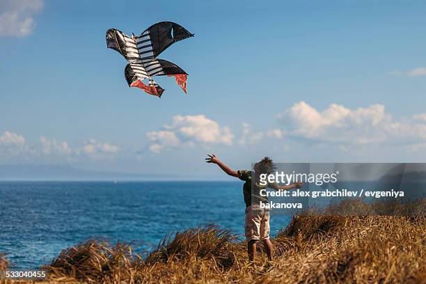 boy flying a kite at sea - indonesian kite stock pictures, royalty-free photos & images