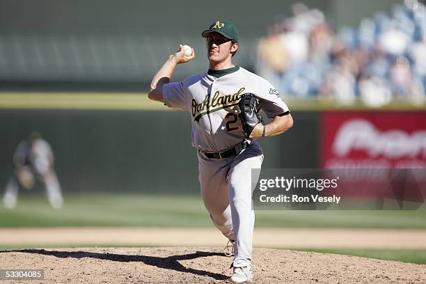 Huston Street of the Oakland Athletics delivers a pitch during the game against the Chicago White Sox at U.S. Cellular Field on July 10, 2005 in...