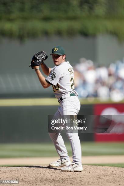 Huston Street of the Oakland Athletics delivers a pitch during the game against the Chicago White Sox at U.S. Cellular Field on July 10, 2005 in...