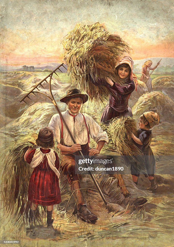 Victorian farmer and children harvesting hay.