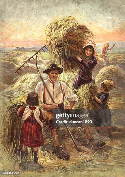 victorian farmer and children harvesting hay. - engraved images farm stock illustrations