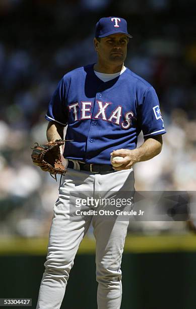 Kenny Rogers of the Texas Rangers stands on the field during the game against the Seattle Mariners on July 3, 2005 at Safeco Field in Seattle,...