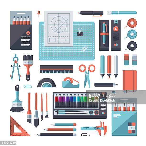 stationery & art supplies set - protractor stock illustrations