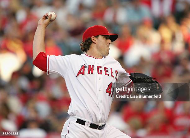 John Lackey of the Los Angeles Angels of Anaheim pitches against the Minnesota Twins on July 4, 2005 at Angel Stadium in Anaheim, California. The...