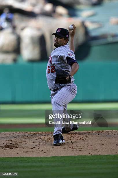 Carlos Silva of the Minnesota Twins pitches against the Los Angeles Angels of Anaheim on July 4, 2005 at Angel Stadium in Anaheim, California. The...