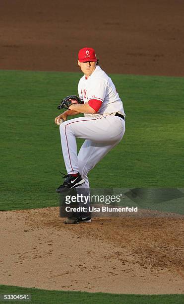 John Lackey of the Los Angeles Angels of Anaheim pitches against the Minnesota Twins on July 4, 2005 at Angel Stadium in Anaheim, California. The...