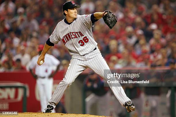 Joe Nathan of the Minnesota Twins pitches against the Los Angeles Angels of Anaheim on July 4, 2005 at Angel Stadium in Anaheim, California. The...