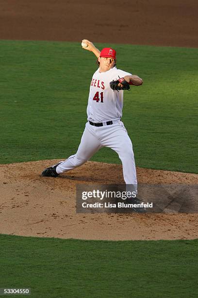 John Lackey of the Los Angeles Angels of Anaheim pitches against the Minnesota Twins on July 4, 2005 at Angel Stadium in Anaheim, California. The...