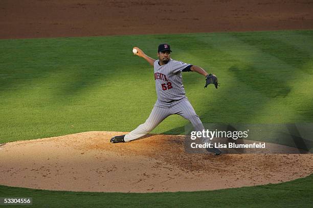 Carlos Silva of the Minnesota Twins pitches against the Los Angeles Angels of Anaheim on July 4, 2005 at Angel Stadium in Anaheim, California. The...