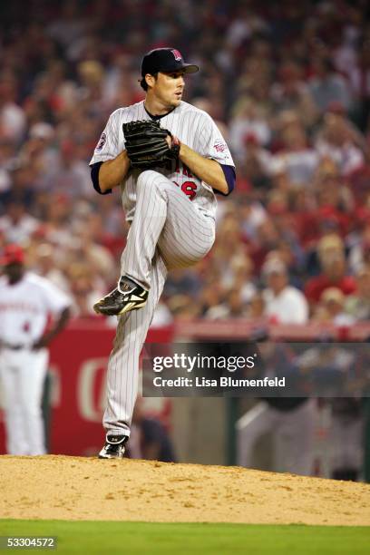 Joe Nathan of the Minnesota Twins pitches against the Los Angeles Angels of Anaheim on July 4, 2005 at Angel Stadium in Anaheim, California. The...