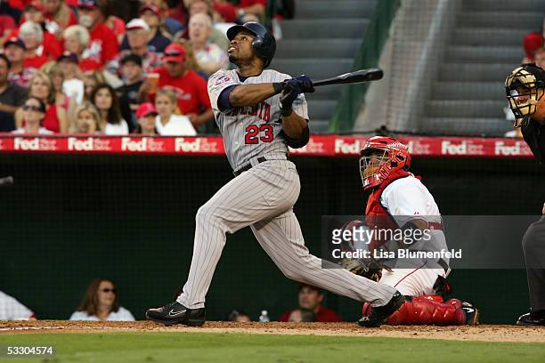 Shannon Stewart of the Minnesota Twins bats against the Los Angeles Angels of Anaheim on July 4, 2005 at Angel Stadium in Anaheim, California. The...