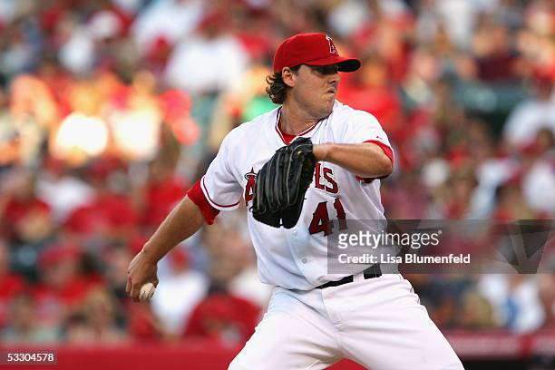 John Lackey of the Los Angeles Angels of Anaheim pitches against the Minnesota Twins on July 4, 2005 at Angel Stadium in Anaheim, California. The...