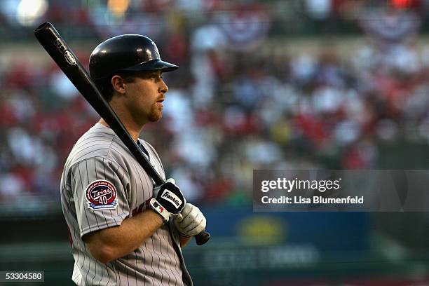 Lew Ford of the Minnesota Twins waits to bat against the Los Angeles Angels of Anaheim on July 4, 2005 at Angel Stadium in Anaheim, California. The...
