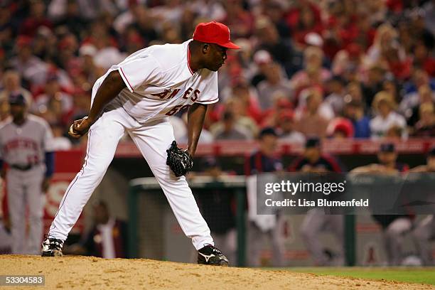 Esteban Yan of the Los Angeles Angels of Anaheim pitches against the Minnesota Twins on July 4, 2005 at Angel Stadium in Anaheim, California. The...