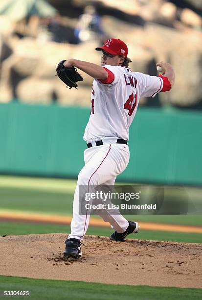 John Lackey of the Los Angeles Angels of Anaheim pitches against the Minnesota Twins on July 4, 2005 at Angel Stadium in Anaheim, California. The...