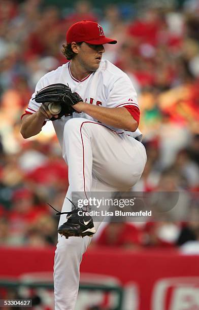 John Lackey of the Los Angeles Angels of Anaheim pitches against the Minnesota Twins on July 4, 2005 at Angel Stadium in Anaheim, California. The...