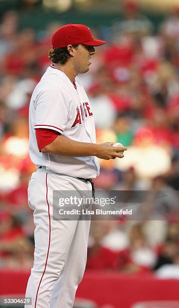 John Lackey of the Los Angeles Angels of Anaheim pitches against the Minnesota Twins on July 4, 2005 at Angel Stadium in Anaheim, California. The...