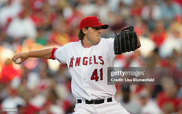 John Lackey of the Los Angeles Angels of Anaheim pitches against the Minnesota Twins on July 4, 2005 at Angel Stadium in Anaheim, California. The...