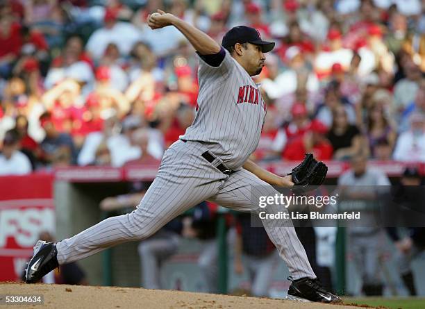 Carlos Silva of the Minnesota Twins pitches against the Los Angeles Angels of Anaheim on July 4, 2005 at Angel Stadium in Anaheim, California. The...