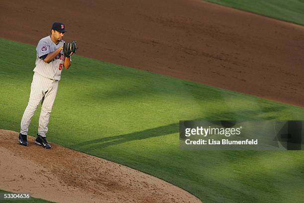 Carlos Silva of the Minnesota Twins pitches against the Los Angeles Angels of Anaheim on July 4, 2005 at Angel Stadium in Anaheim, California. The...