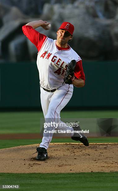 John Lackey of the Los Angeles Angels of Anaheim pitches against the Seattle Mariners on July 9, 2005 at Angel Stadium in Anaheim, California.