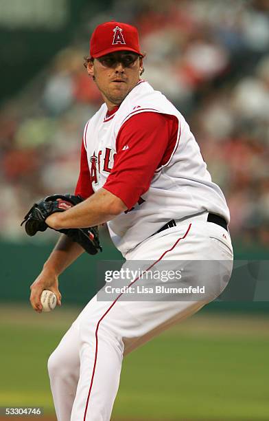 John Lackey of the Los Angeles Angels of Anaheim pitches against the Seattle Mariners on July 9, 2005 at Angel Stadium in Anaheim, California.