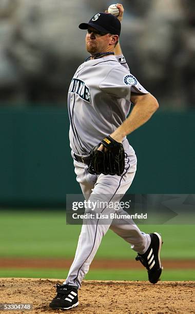 Ryan Franklin of the Seattle Mariners pitches against the Los Angeles Angels of Anaheim on July 9, 2005 at Angel Stadium in Anaheim, California.