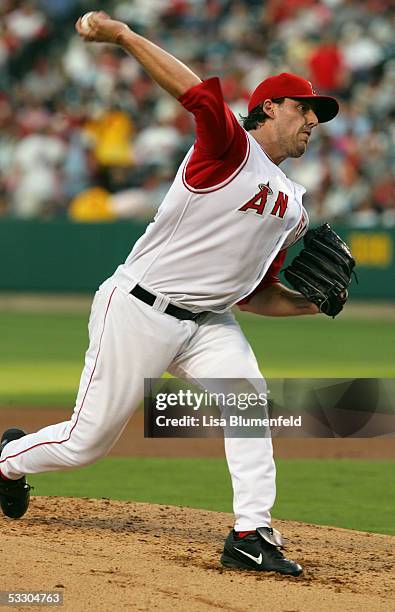 John Lackey of the Los Angeles Angels of Anaheim pitches against the Seattle Mariners on July 9, 2005 at Angel Stadium in Anaheim, California.