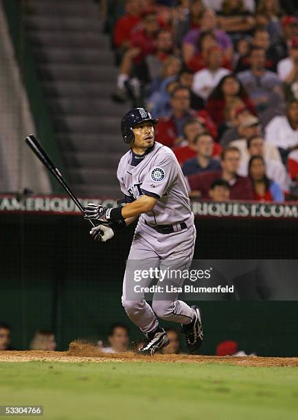 Ichiro Suzuki of the Seattle Mariners bats against the Los Angeles Angels of Anaheim on July 9, 2005 at Angel Stadium in Anaheim, California.