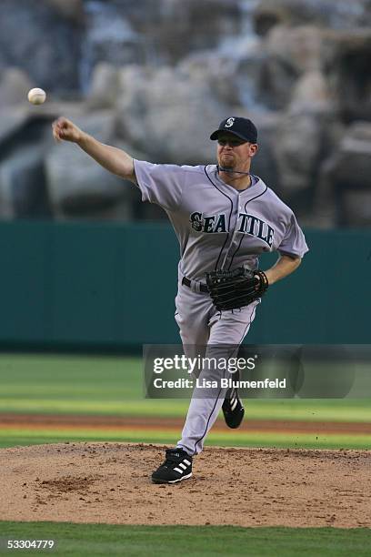 Ryan Franklin of the Seattle Mariners pitches against the Los Angeles Angels of Anaheim on July 9, 2005 at Angel Stadium in Anaheim, California.