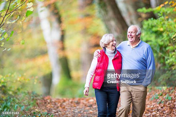 senior couple in the woods - woodland walk stock pictures, royalty-free photos & images