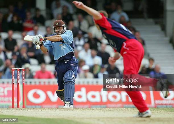 Mark Ramprakash hits out against James Anderson during the Twenty20 Cup semi-final between Lancashire Lightning and Surrey Lions at the Brit Oval...