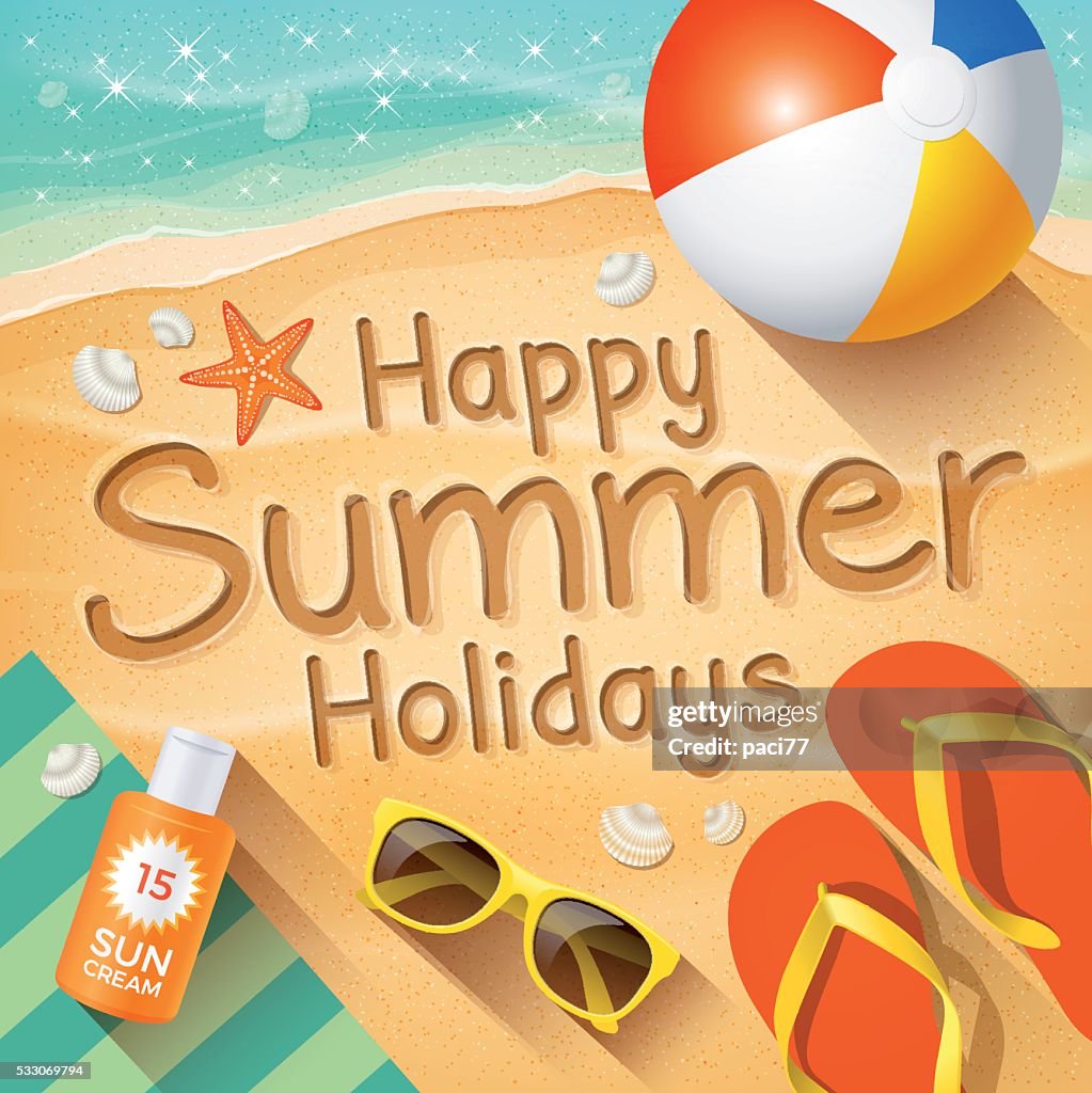 Verano fondo con texto sobre la arena " felices vacaciones de verano".
