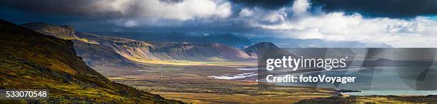 dramatic coastal landscape epic remote arctic ocean mountains panorama iceland - ocean panoramic stock pictures, royalty-free photos & images