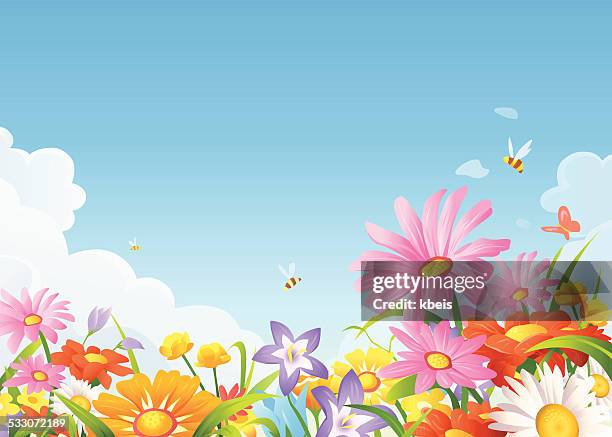 beautiful flowers on a meadow - bee background stock illustrations