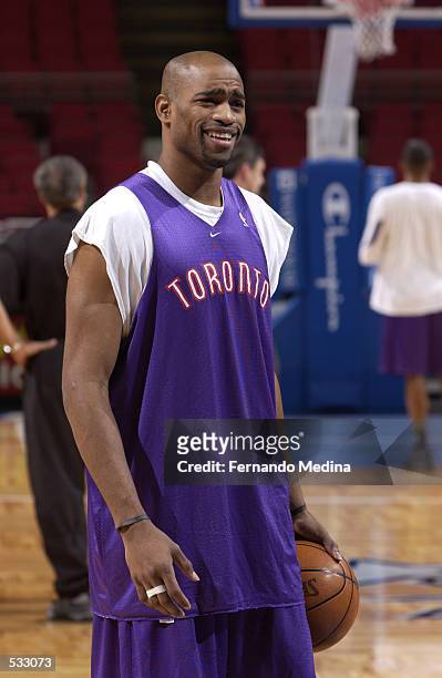 Vince Carter of the Toronto Raptors takes part in a shootaround prior to the NBA game against the Orlando Magic at the TD Waterhouse Centre in...