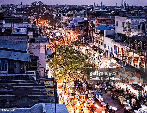 panoramic view of chandni chowk, delhi, india - chandni chowk stockfoto's en -beelden