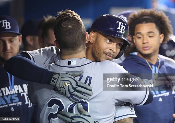 Desmond Jennings of the Tampa Bay Rays is congratulated by Steven Souza Jr. #20 after hitting a solo home run in the fourth inning during MLB game...