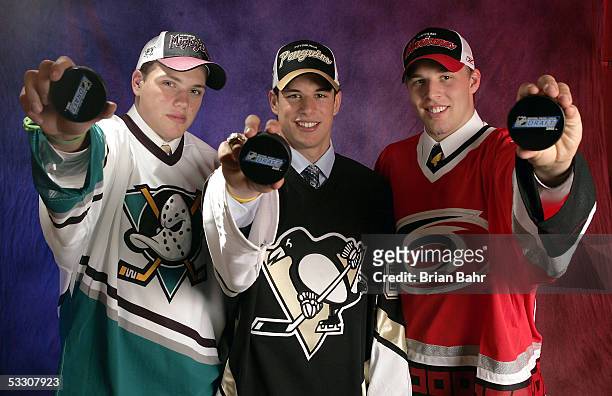 The top three draft picks Bobby Ryan of the Mighty Ducks of Anaheim, Sidney Crosby of the Pittsburgh Penguins and Jack Johnson of the Carolina...