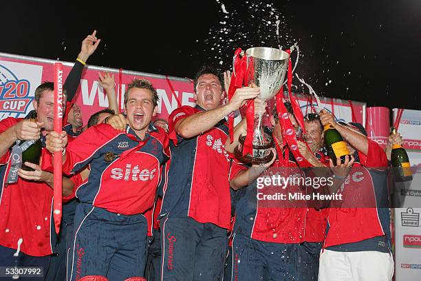 Captain Graeme Smith and his Somerset team-mates celebrate victory in the Twenty20 Cup Final between the Somerset Sabres and Lancashire Lightning at...