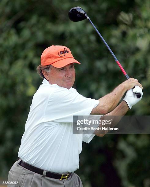 Raymond Floyd hits his tee shot on the 16th hole during the third round of the U.S. Senior Open at the NCR Country Club on July 30, 2005 in...