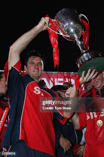 Graeme Smith of Somerset celebrates with the trophy and the rest of the team during the Twenty20 Final match between Somerset and Lancashire at the...