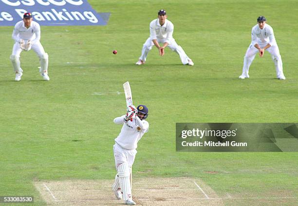 Lahiru Thirimanne of Sri Lanka hits the ball and is caught out during day two of the Investec Test match England v Sri Lanka at Headingley Cricket...