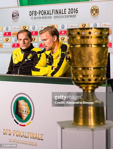 Manager Thomas Tuchel and Marcel Schmelzer of Borussia Dortmund during press conference prior to the DFB Cup Final 2016 match against FC Bayern...