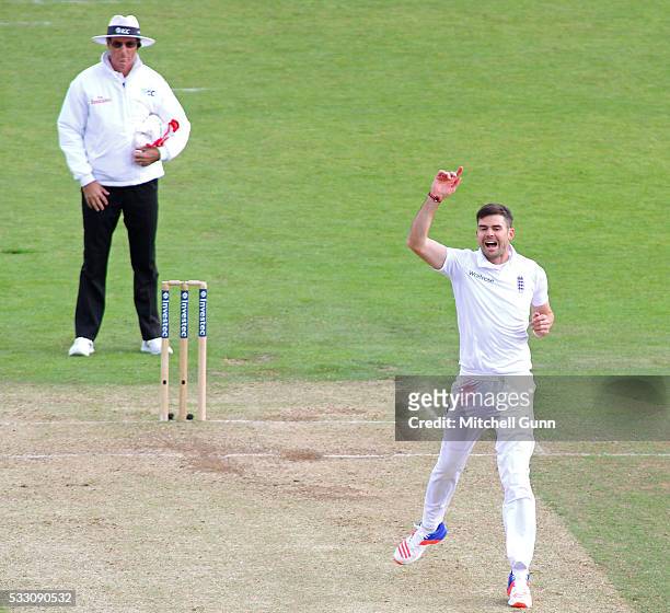 James Anderson of England celebrates taking the wicket of Shaminda Eranga of Sri Lanka during day two of the Investec Test match between England and...