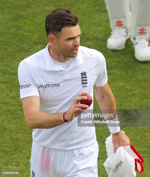 James Anderson of England with the match ball after taking five wickets during day two of the Investec Test match between England and Sri Lanka at...